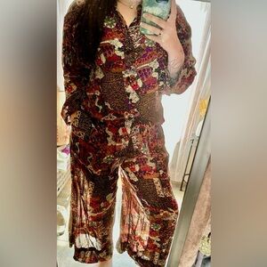 90s Vintage Jane Ashley Boho Matching Set Wide Leg Pants + Top